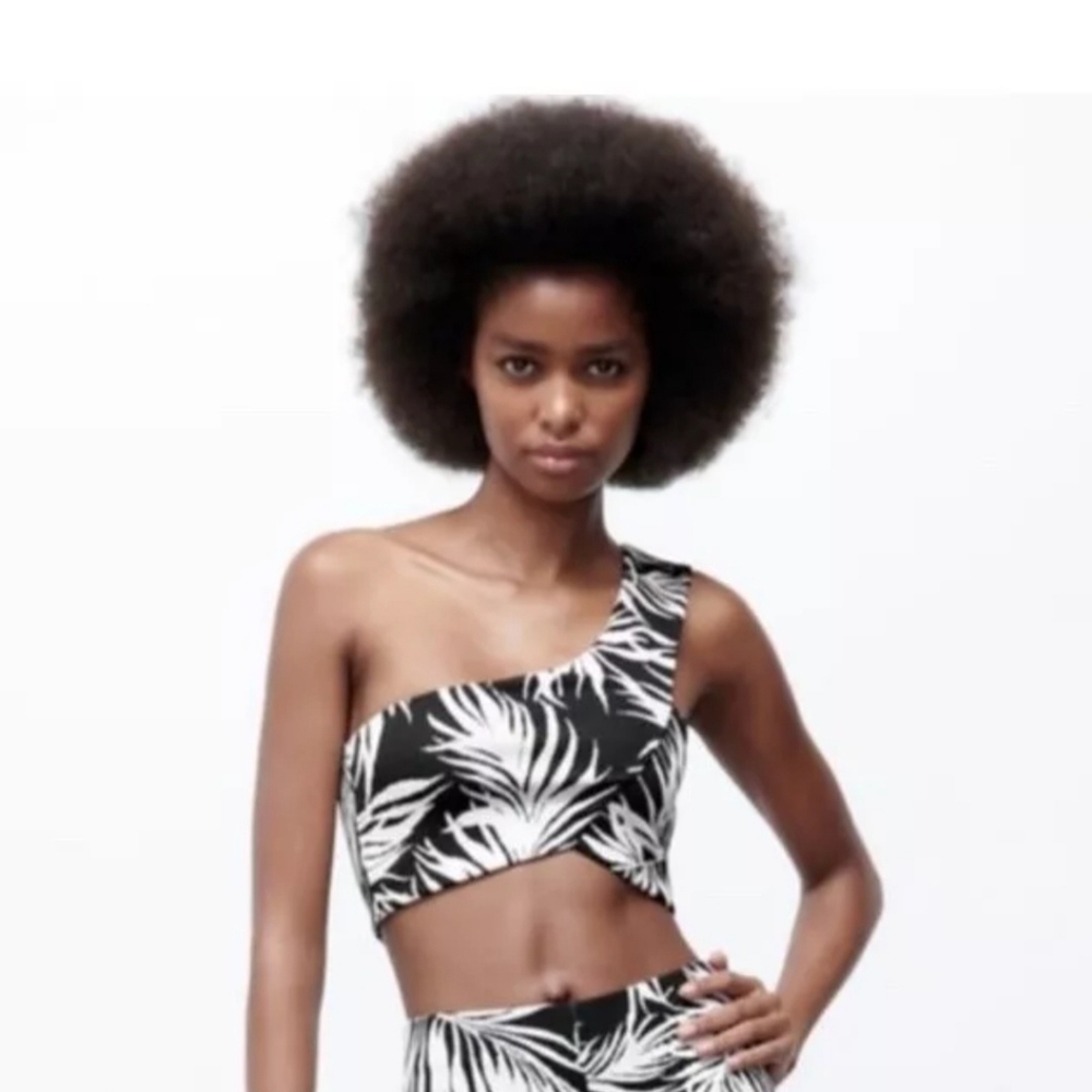 Zara Womens Floral Print One Shoulder Top Black white size S